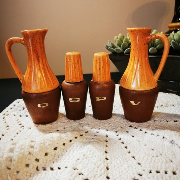 Vintage MCM Cruet Set Oil and Vinegar Salt and Pepper Set - Picture 7 of 13